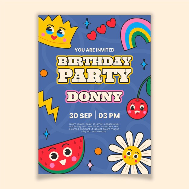 Invitación de cumpleaños de dibujos animados de moda dibujada a mano