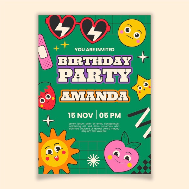 Invitación de cumpleaños de dibujos animados de moda dibujada a mano