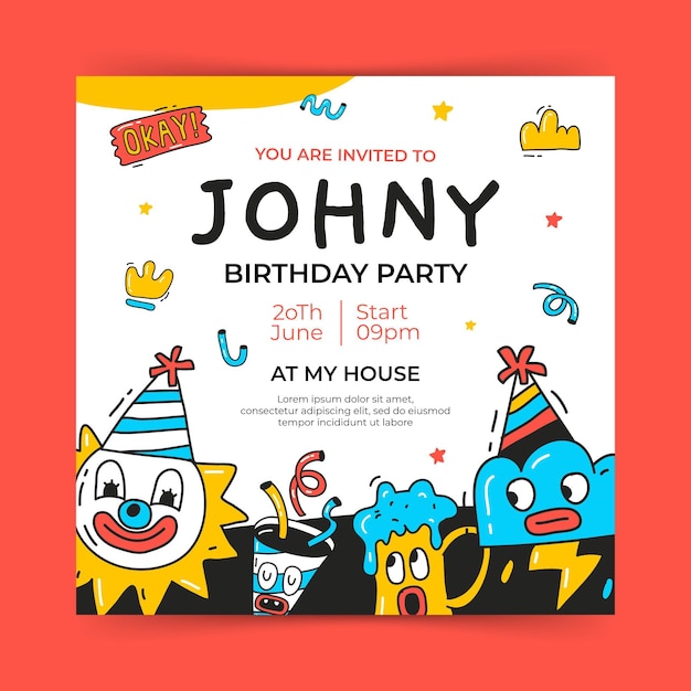 Invitación de cumpleaños de dibujos animados de moda dibujada a mano