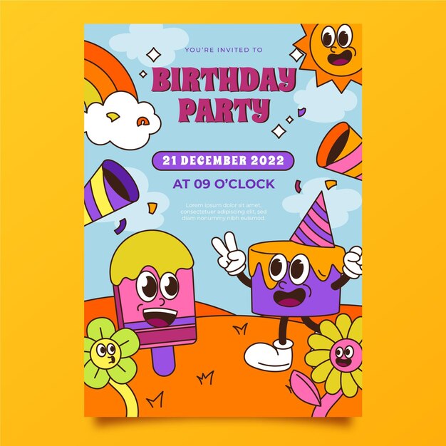 Invitación de cumpleaños de dibujos animados de moda dibujada a mano