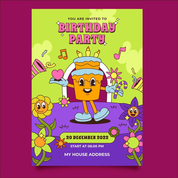 Vector gratuito invitación de cumpleaños de dibujos animados de moda dibujada a mano