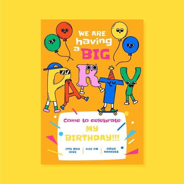 Invitación de cumpleaños de dibujos animados de moda dibujada a mano
