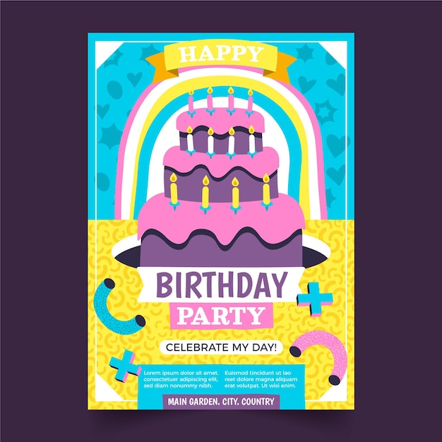 Invitación de cumpleaños de dibujos animados de moda de diseño plano dibujado a mano