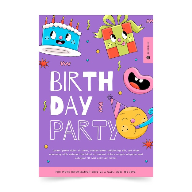 Invitación de cumpleaños de dibujos animados de moda de diseño plano dibujado a mano