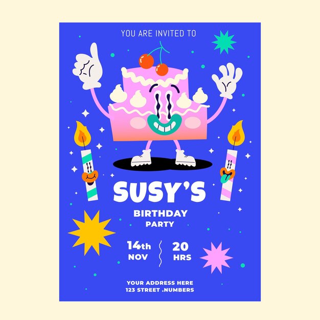 Invitación de cumpleaños de dibujos animados de moda de diseño plano dibujado a mano