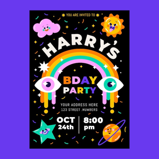 Invitación de cumpleaños de dibujos animados de moda de diseño plano dibujado a mano