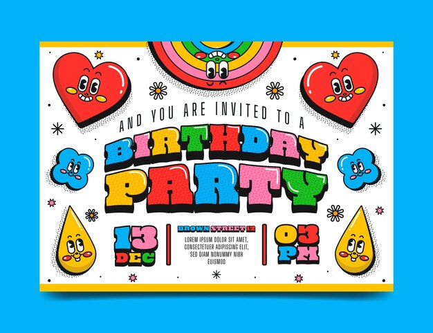 Invitación de cumpleaños de dibujos animados de moda de diseño plano dibujado a mano