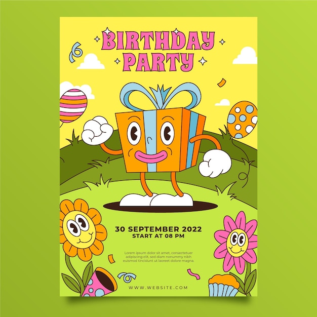 Invitación de cumpleaños de dibujos animados de moda plana dibujada a mano