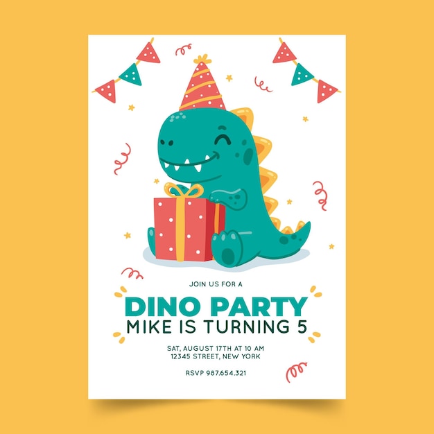 Vector gratuito invitación de cumpleaños de dinosaurio dibujado a mano