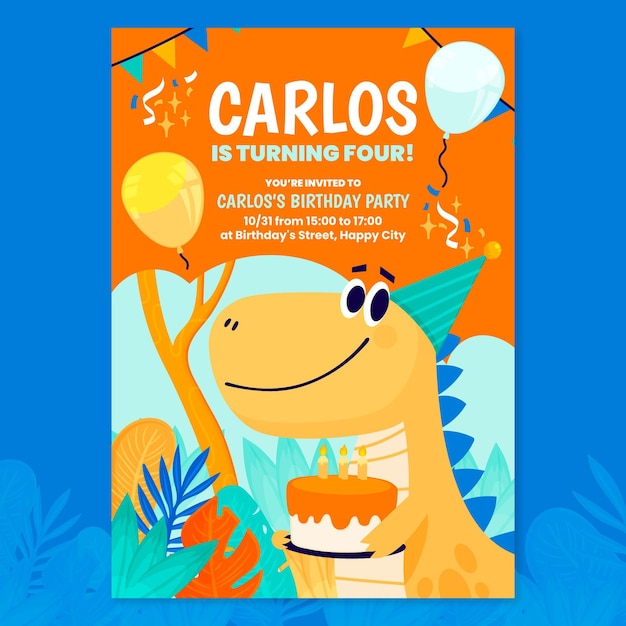 Invitación de cumpleaños de dinosaurio plano