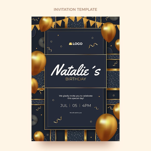 Invitación de cumpleaños dorada de lujo realista