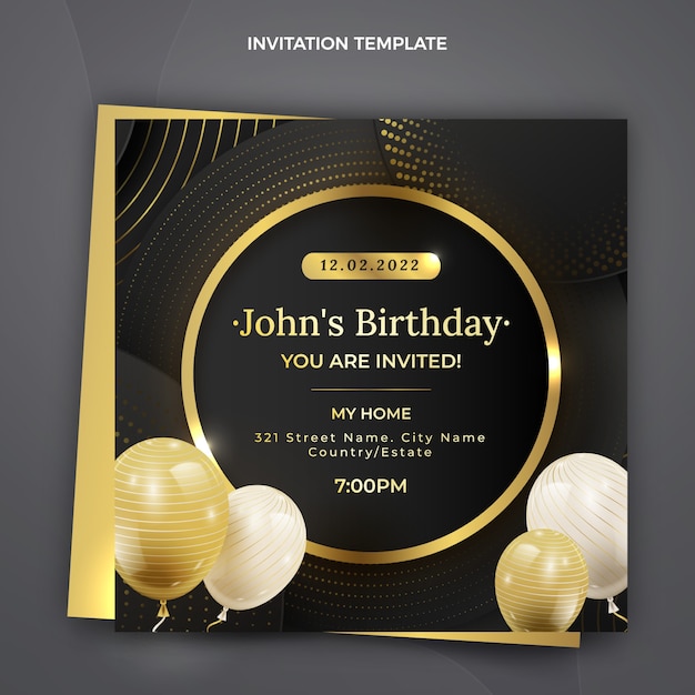 Invitación de cumpleaños dorada de lujo realista