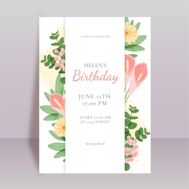 Invitación de cumpleaños floral acuarela