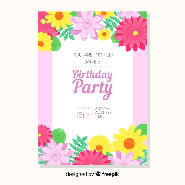 Vector gratuito invitación de cumpleaños floral de plantilla