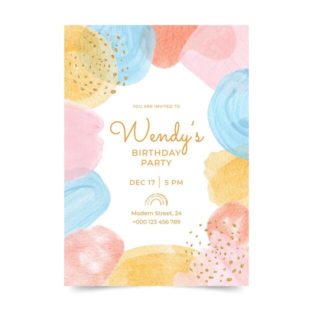 Invitación de cumpleaños de formas abstractas en acuarela