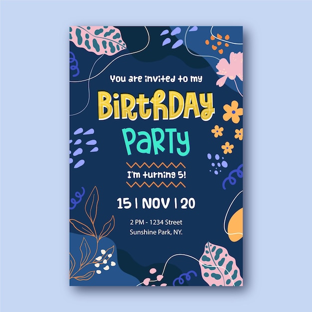 Invitación de cumpleaños de formas abstractas dibujadas a mano