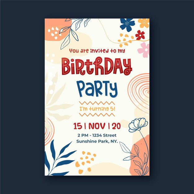 Invitación de cumpleaños de formas abstractas dibujadas a mano