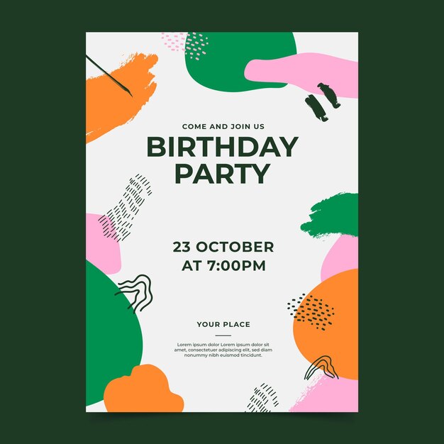 Invitación de cumpleaños de formas abstractas dibujadas a mano