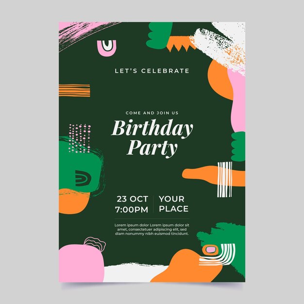 Invitación de cumpleaños de formas abstractas dibujadas a mano