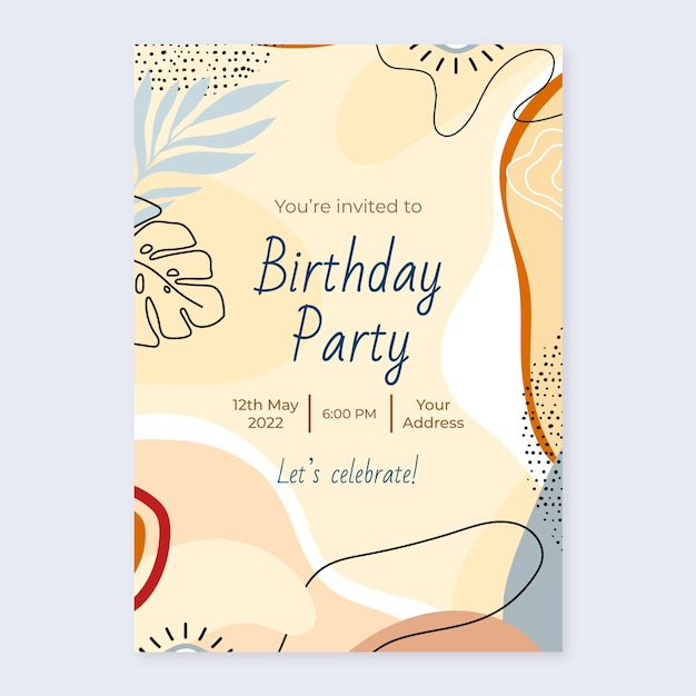 Invitación de cumpleaños de formas abstractas de diseño plano