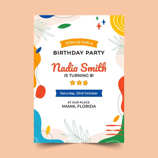 Invitación de cumpleaños de formas abstractas planas dibujadas a mano