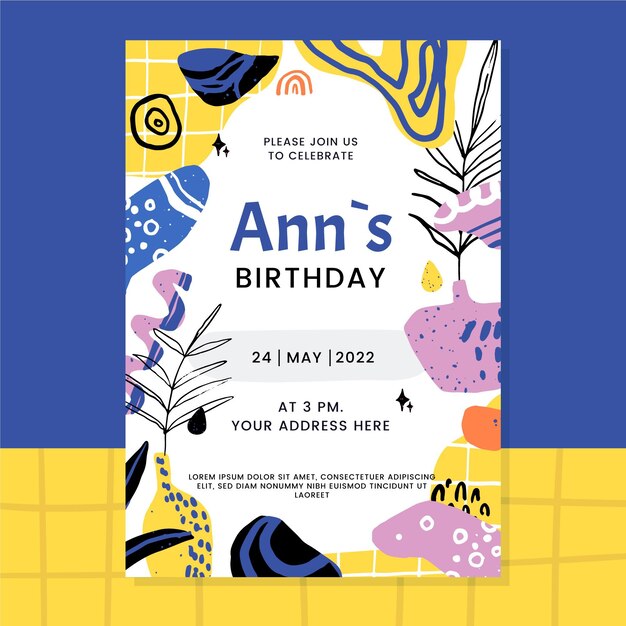 Invitación de cumpleaños de formas abstractas planas dibujadas a mano