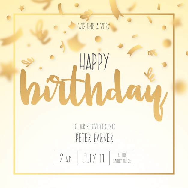 Invitación de cumpleaños con golden confetti