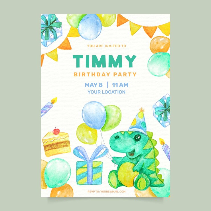 Vector gratuito invitación de cumpleaños infantil en acuarela con dinosaurio