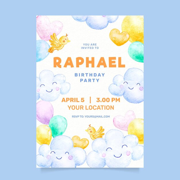 Invitación de cumpleaños infantil acuarela