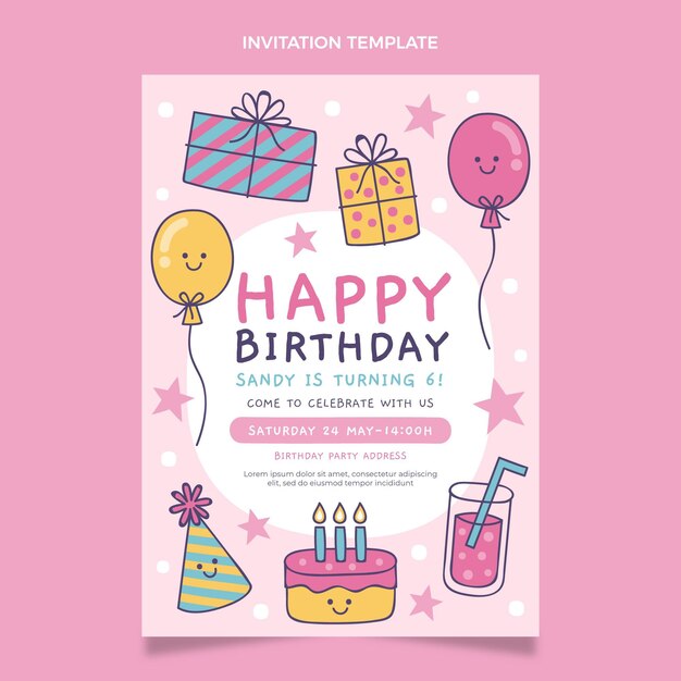 Invitación de cumpleaños infantil dibujada a mano