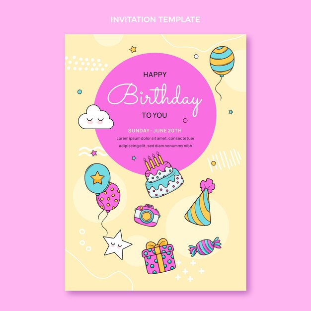 Invitación de cumpleaños infantil dibujada a mano