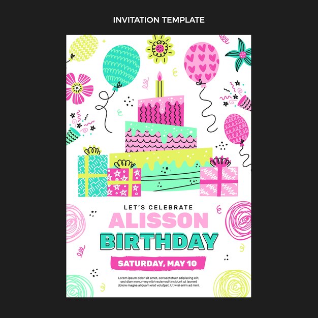 Invitación de cumpleaños infantil dibujada a mano