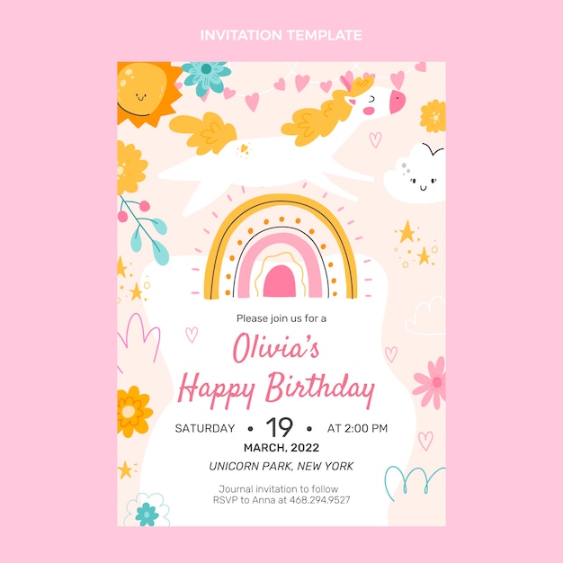 Invitación de cumpleaños infantil dibujada a mano