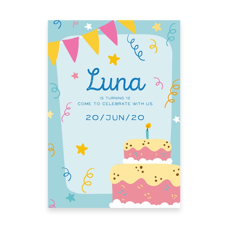 Vector gratuito invitación de cumpleaños infantil con pastel