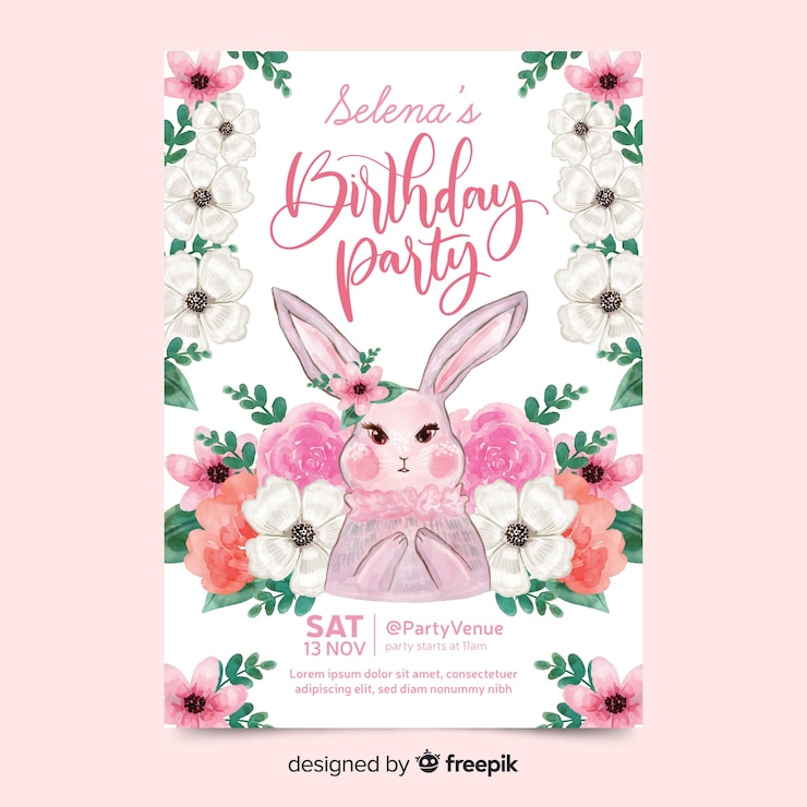 Vector gratuito invitación de cumpleaños linda con conejo