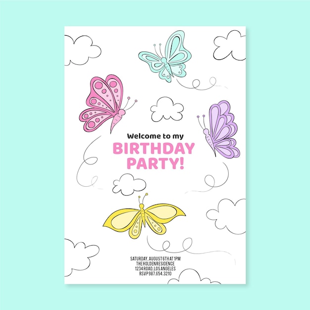 Invitación de cumpleaños de mariposa dibujada a mano