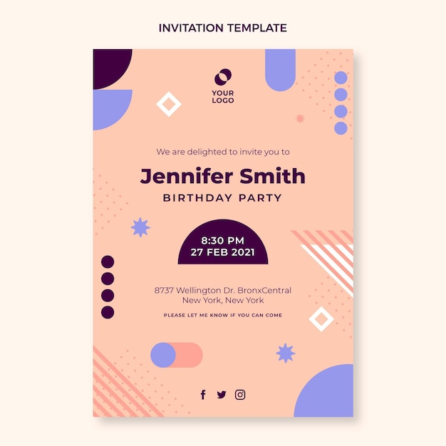 Invitación de cumpleaños mínima de diseño plano