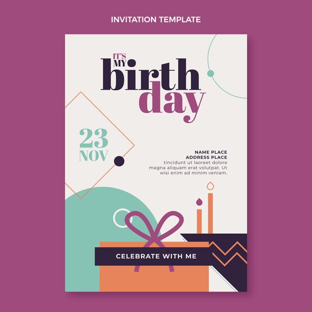 Invitación de cumpleaños mínima de diseño plano