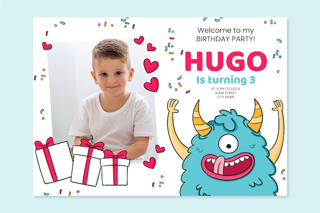 Vector gratuito invitación de cumpleaños de monstruo dibujado a mano con plantilla de foto