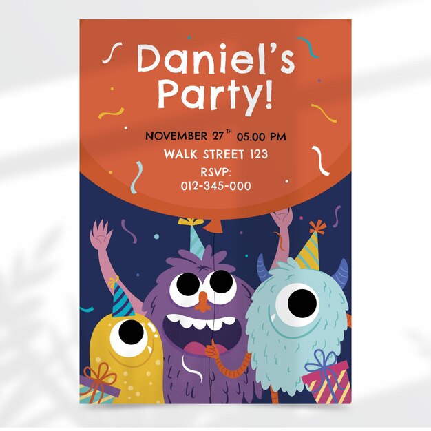Invitación de cumpleaños de monstruos dibujados a mano