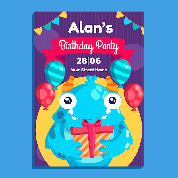 Invitación de cumpleaños de monstruos de dibujos animados