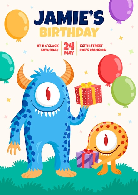 Invitación de cumpleaños de monstruos de dibujos animados