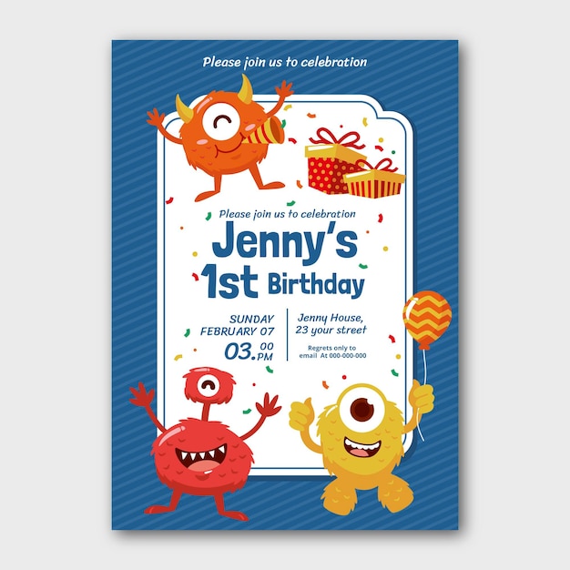 Vector gratuito invitación de cumpleaños de monstruos de estilo dibujado a mano