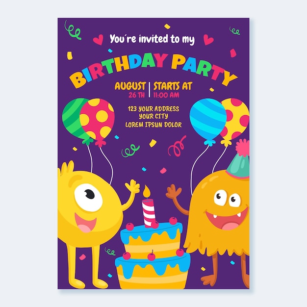 Vector gratuito invitación de cumpleaños de monstruos planos