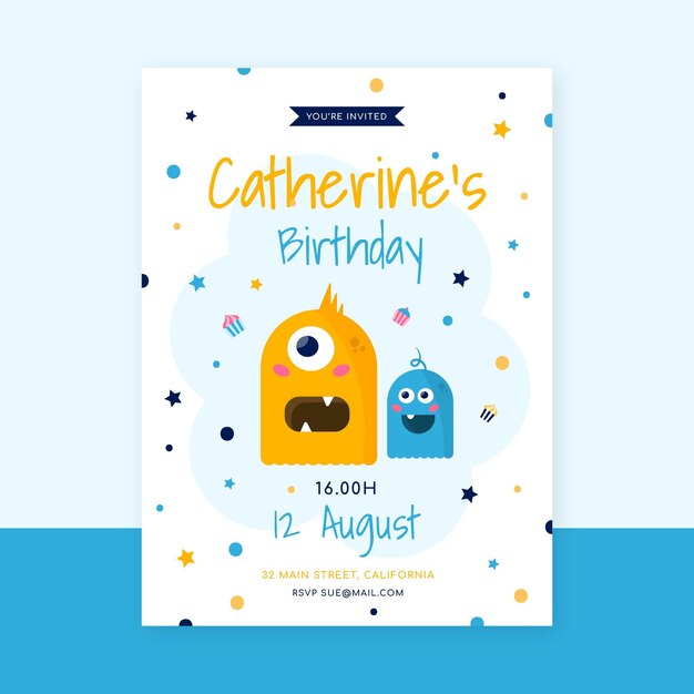 Invitación de cumpleaños de monstruos planos