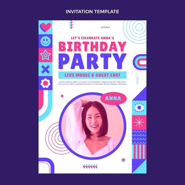 Invitación de cumpleaños de mosaico de diseño plano