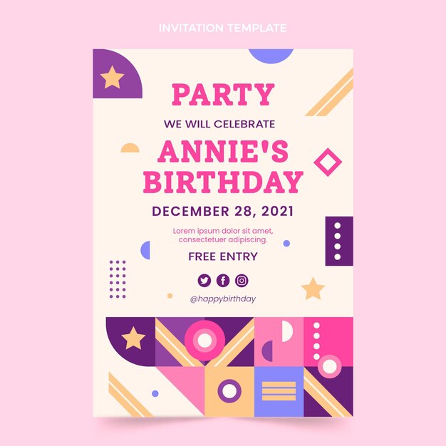 Invitación de cumpleaños de mosaico de diseño plano