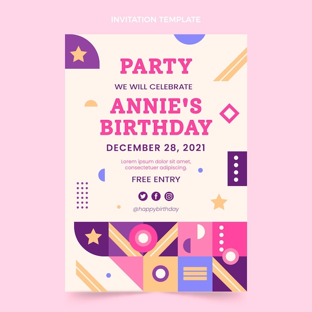 Invitación de cumpleaños de mosaico de diseño plano