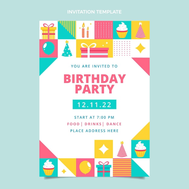 Invitación de cumpleaños de mosaico de diseño plano