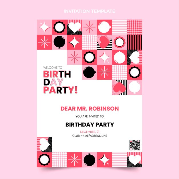 Invitación de cumpleaños de mosaico de diseño plano